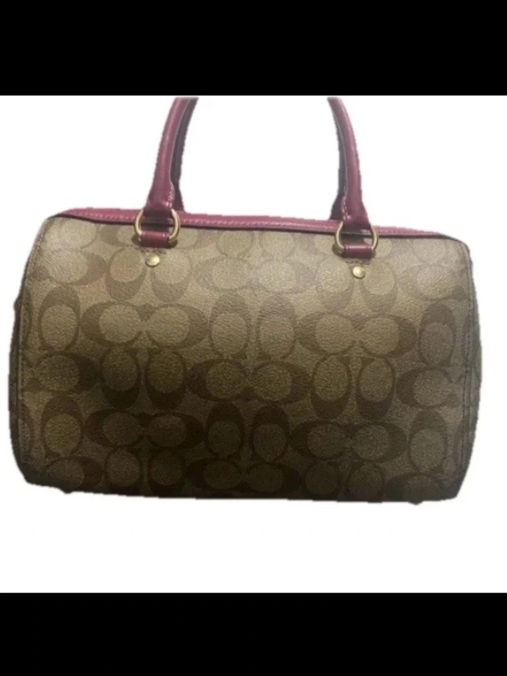 Coach Khaki & Dark Fuchsia Pink Rowan Signature Canvas Satchel Crossbody Handbag